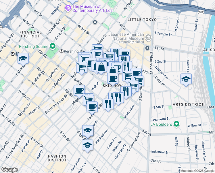 map of restaurants, bars, coffee shops, grocery stores, and more near 518 San Julian Street in Los Angeles