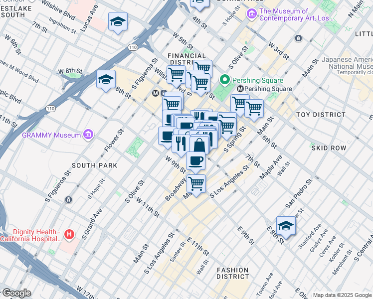 map of restaurants, bars, coffee shops, grocery stores, and more near 320 West 8th Street in Los Angeles