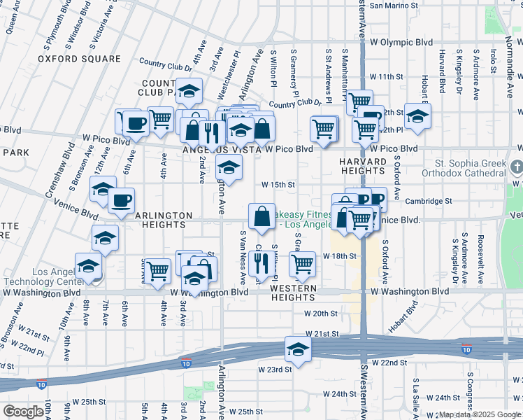 map of restaurants, bars, coffee shops, grocery stores, and more near 1550 1/2 South Van Ness Avenue in Los Angeles