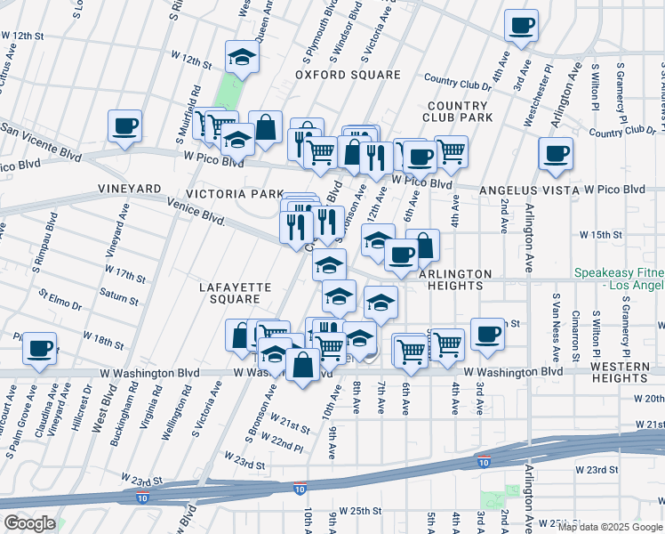 map of restaurants, bars, coffee shops, grocery stores, and more near 1608 South Bronson Avenue in Los Angeles