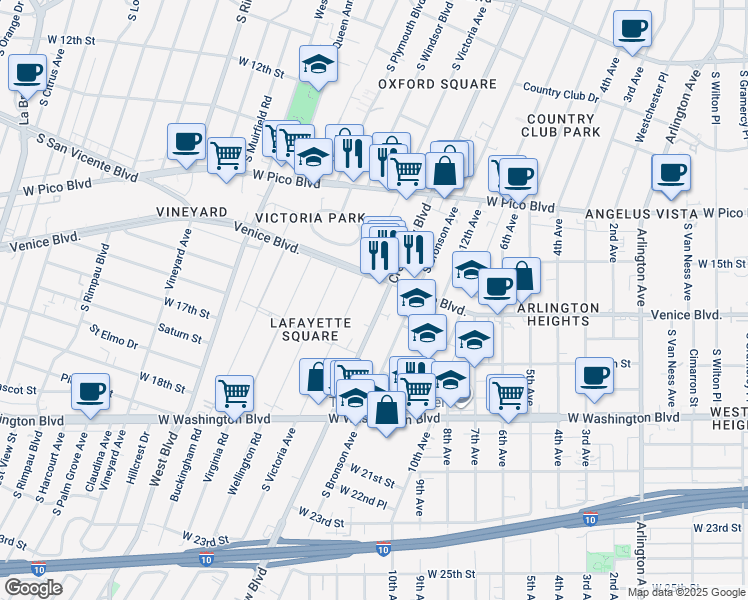 map of restaurants, bars, coffee shops, grocery stores, and more near 1625 Crenshaw Boulevard in Los Angeles