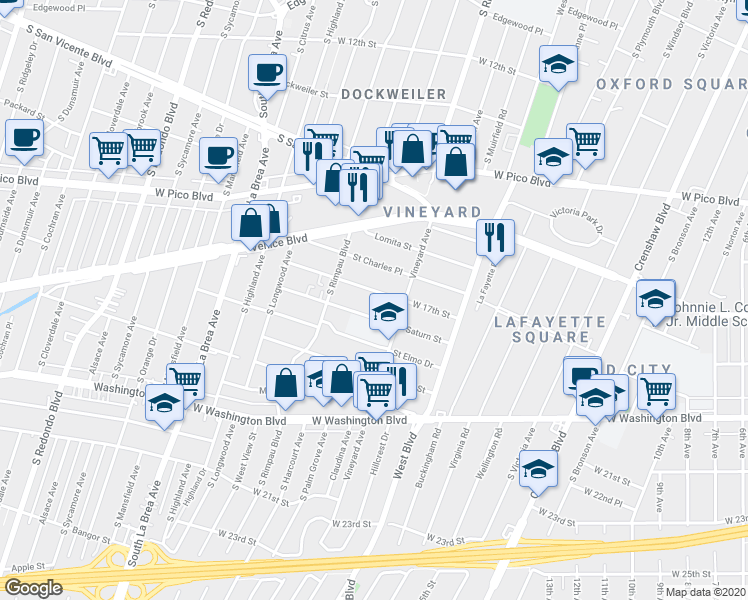 map of restaurants, bars, coffee shops, grocery stores, and more near 4634 West 17th Street in Los Angeles