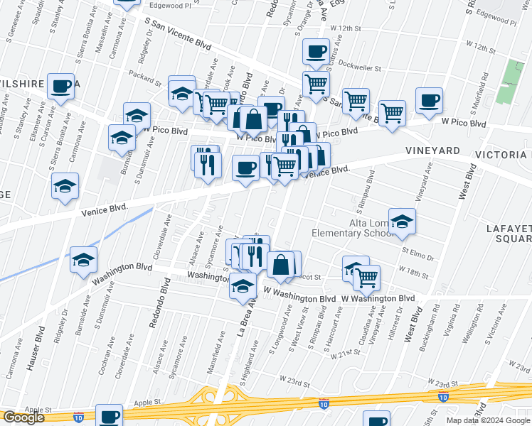 map of restaurants, bars, coffee shops, grocery stores, and more near 1712 South Mansfield Avenue in Los Angeles