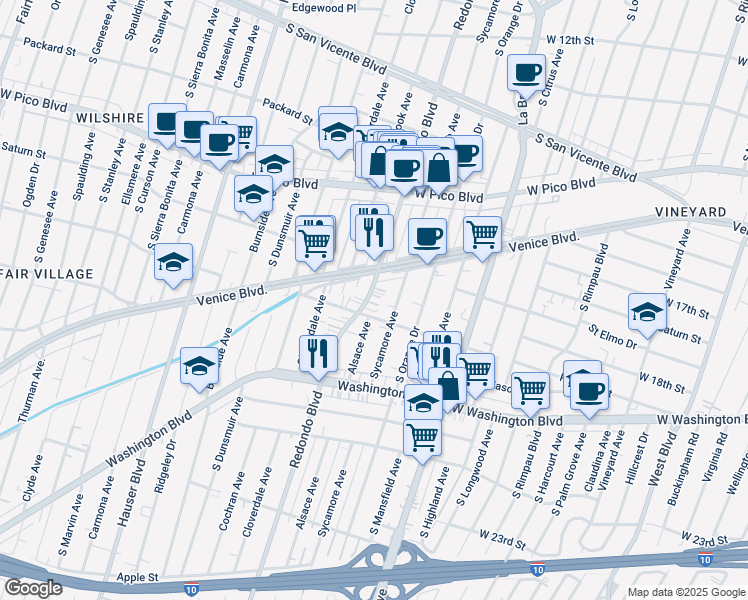 map of restaurants, bars, coffee shops, grocery stores, and more near 1707 South Sycamore Avenue in Los Angeles