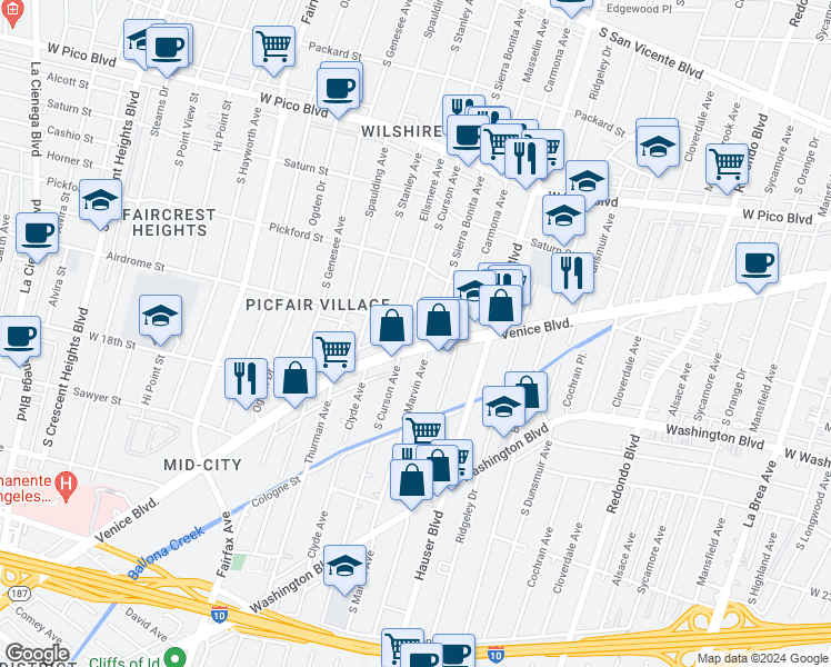 map of restaurants, bars, coffee shops, grocery stores, and more near 5570 Airdrome Street in Los Angeles