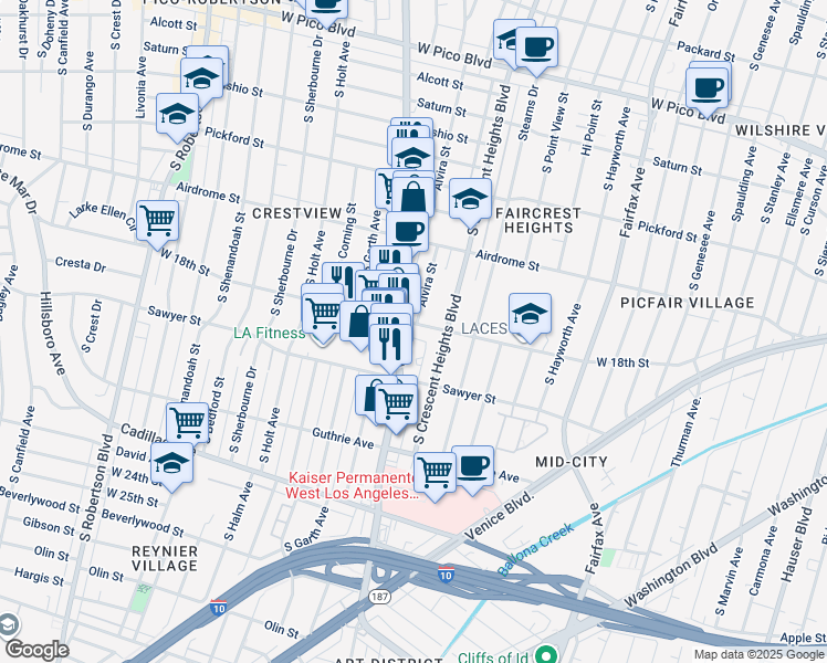 map of restaurants, bars, coffee shops, grocery stores, and more near 6068 West 18th Street in Los Angeles