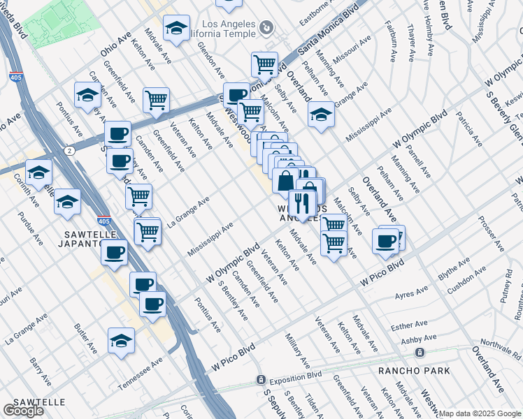 map of restaurants, bars, coffee shops, grocery stores, and more near 2116 Kelton Avenue in Los Angeles