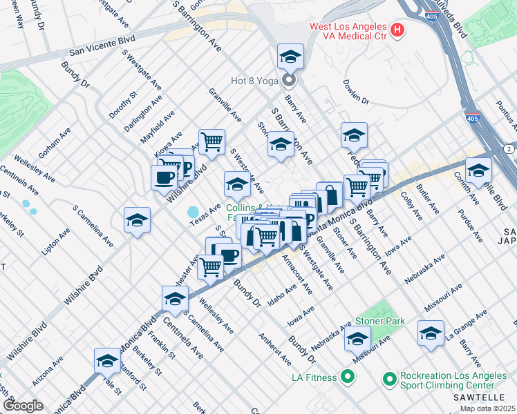 map of restaurants, bars, coffee shops, grocery stores, and more near 1409 South Westgate Avenue in Los Angeles