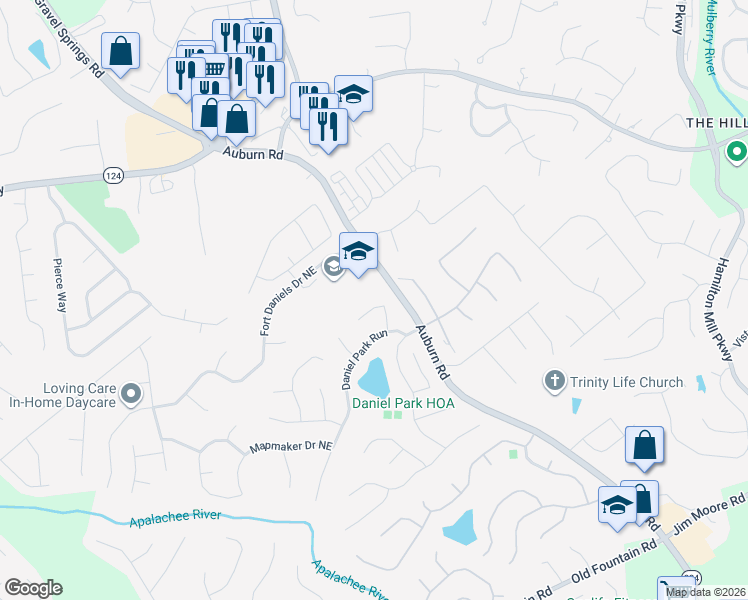 map of restaurants, bars, coffee shops, grocery stores, and more near 1569 School House Run in Dacula