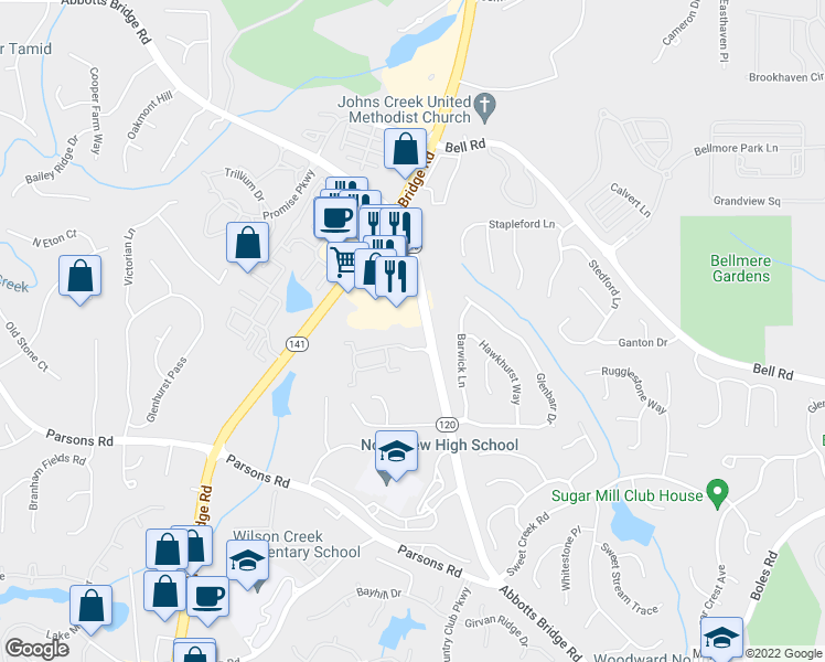 map of restaurants, bars, coffee shops, grocery stores, and more near 175 Gold Cove Lane in Duluth