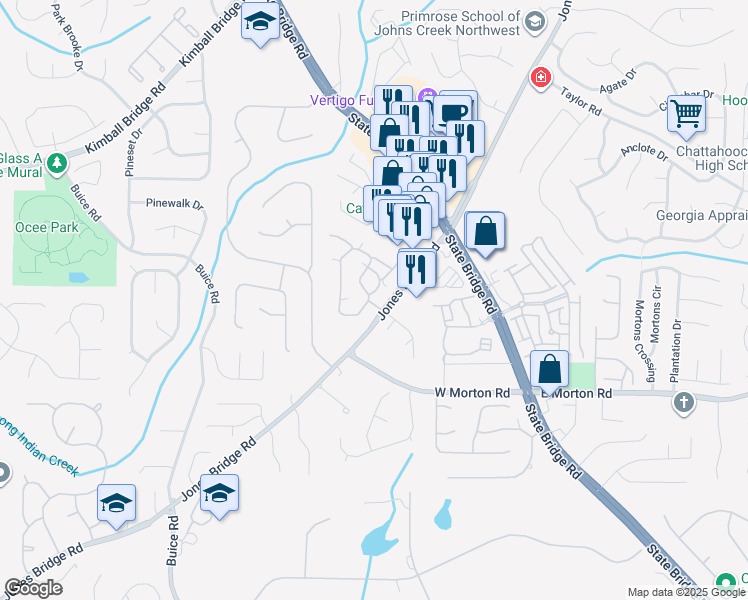 map of restaurants, bars, coffee shops, grocery stores, and more near 30107 Harvest Ridge Lane in Johns Creek