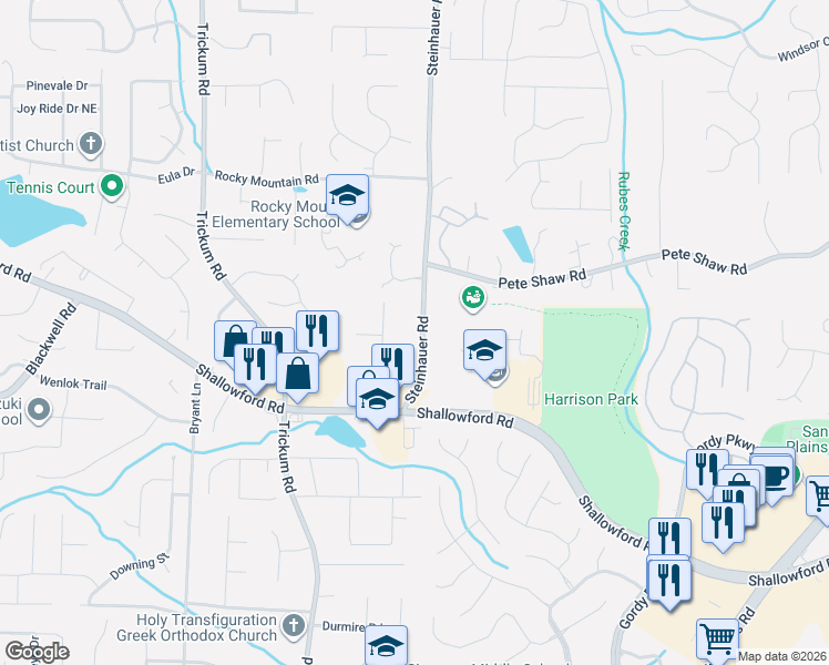map of restaurants, bars, coffee shops, grocery stores, and more near 3833 Steinhauer Road in Marietta