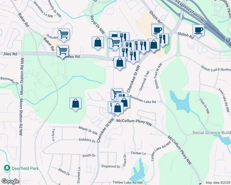 map of restaurants, bars, coffee shops, grocery stores, and more near 1206 Shiloh Circle in Kennesaw
