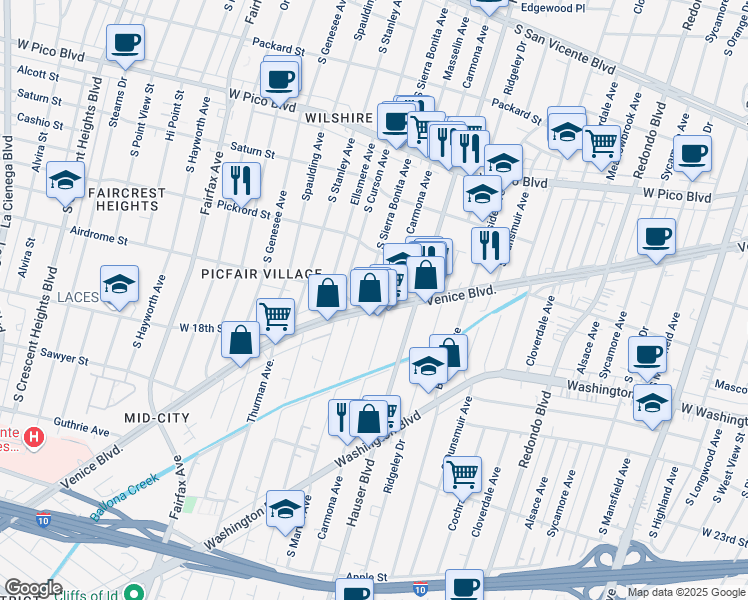 map of restaurants, bars, coffee shops, grocery stores, and more near 5633 Venice Boulevard in Los Angeles