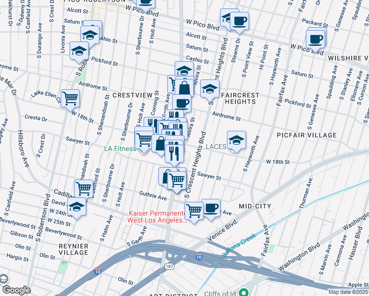 map of restaurants, bars, coffee shops, grocery stores, and more near 6068 West 18th Street in Los Angeles