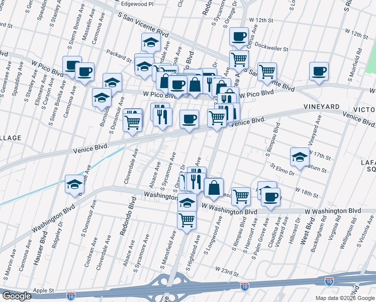 map of restaurants, bars, coffee shops, grocery stores, and more near 1643 South Orange Drive in Los Angeles