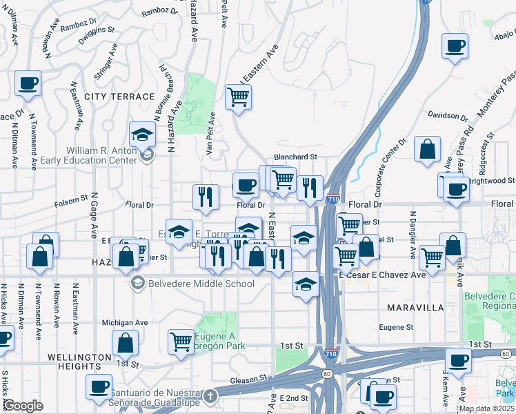 map of restaurants, bars, coffee shops, grocery stores, and more near 4236 Floral Drive in Los Angeles