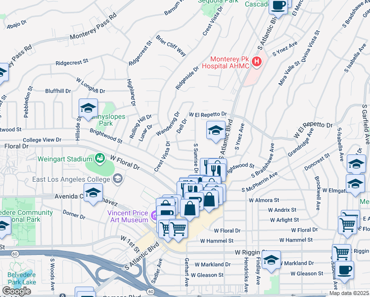 map of restaurants, bars, coffee shops, grocery stores, and more near 1001 Hillvale Drive in Monterey Park