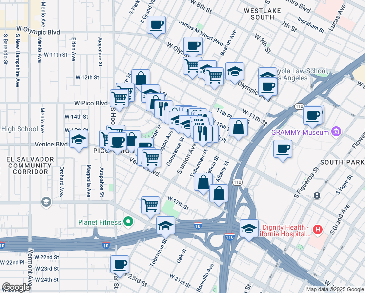 map of restaurants, bars, coffee shops, grocery stores, and more near 1328 Constance Street in Los Angeles