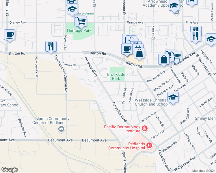 map of restaurants, bars, coffee shops, grocery stores, and more near 105 Terracina Boulevard in Redlands