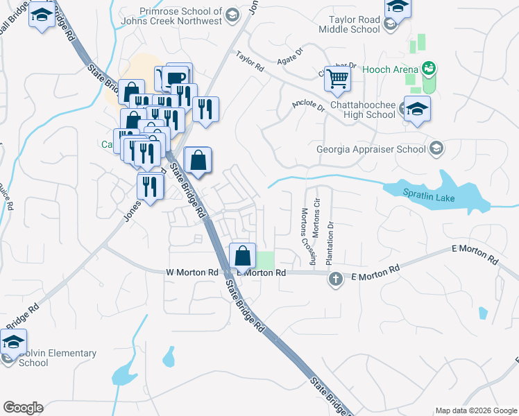 map of restaurants, bars, coffee shops, grocery stores, and more near 10811 Bossier Drive in Alpharetta