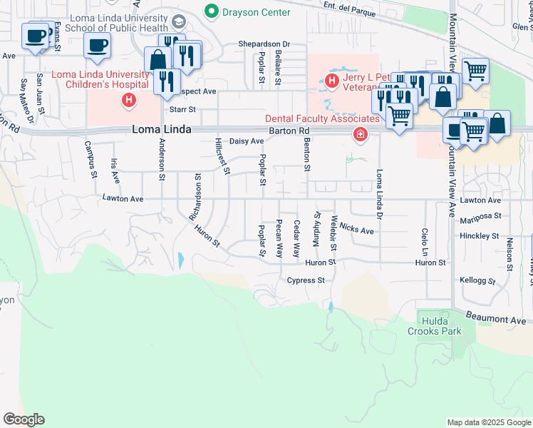 map of restaurants, bars, coffee shops, grocery stores, and more near 11545 Poplar Street in Loma Linda