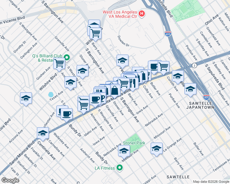 map of restaurants, bars, coffee shops, grocery stores, and more near 1511 South Barrington Avenue in Los Angeles