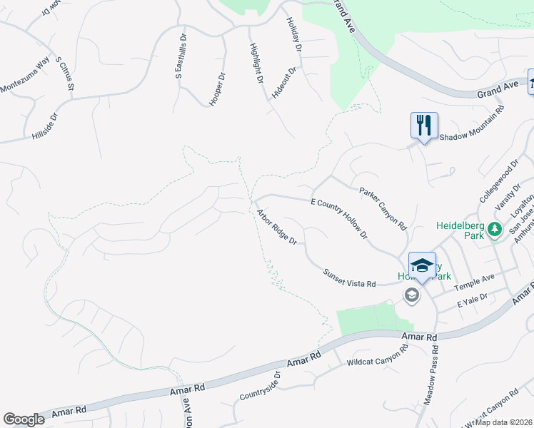map of restaurants, bars, coffee shops, grocery stores, and more near 1406 Sunset Meadow Circle in Walnut