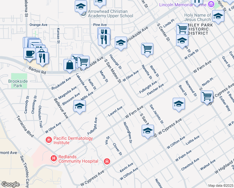 map of restaurants, bars, coffee shops, grocery stores, and more near 211 San Rafael Street in Redlands