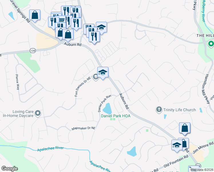 map of restaurants, bars, coffee shops, grocery stores, and more near 1569 School House Run in Dacula