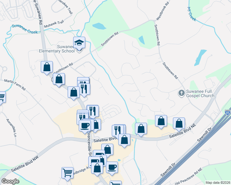 map of restaurants, bars, coffee shops, grocery stores, and more near 3409 Bonneville Way in Suwanee