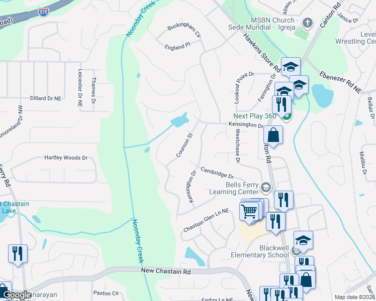 map of restaurants, bars, coffee shops, grocery stores, and more near 3804 Courson Street in Marietta