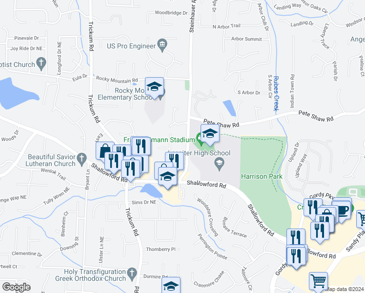 map of restaurants, bars, coffee shops, grocery stores, and more near 3833 Steinhauer Road in Marietta