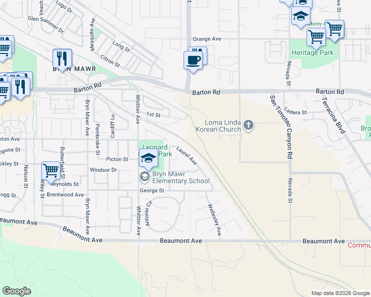 map of restaurants, bars, coffee shops, grocery stores, and more near 11499 Laurel Avenue in Loma Linda