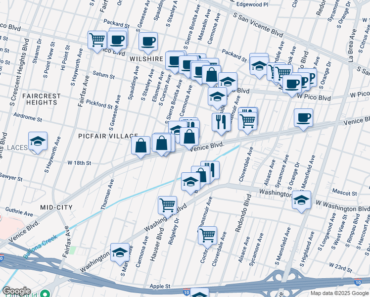 map of restaurants, bars, coffee shops, grocery stores, and more near Venice Blvd & Hauser Blvd in Los Angeles
