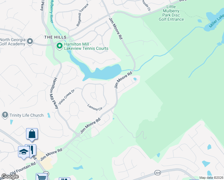 map of restaurants, bars, coffee shops, grocery stores, and more near 3401 Jim Moore Road in Dacula