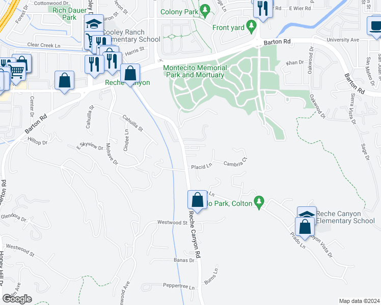 map of restaurants, bars, coffee shops, grocery stores, and more near 11553 Reche Canyon Road in Colton