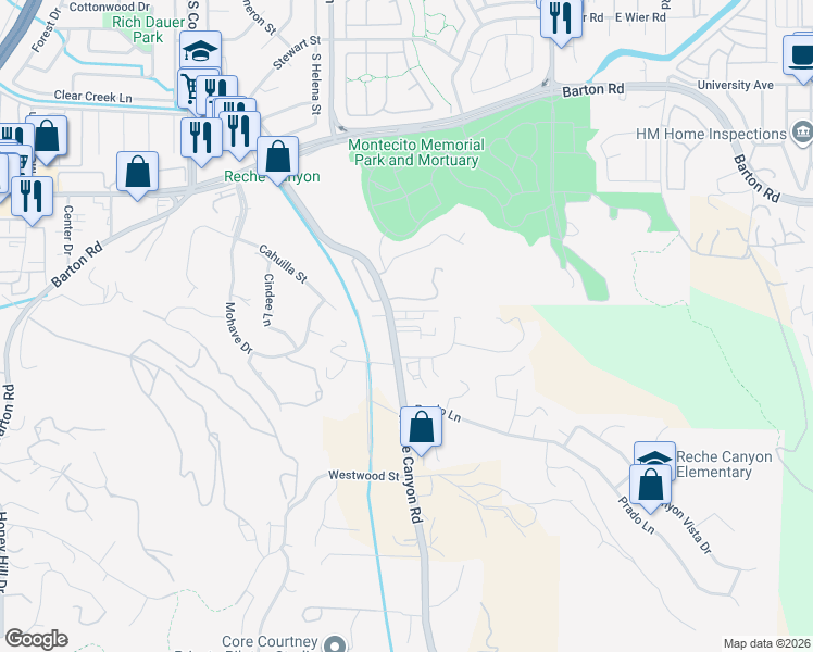 map of restaurants, bars, coffee shops, grocery stores, and more near 11565 South Reche Canyon Road in Colton