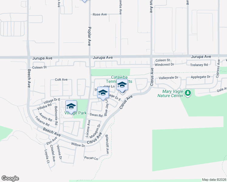 map of restaurants, bars, coffee shops, grocery stores, and more near 11549 Plane Tree Road in Fontana