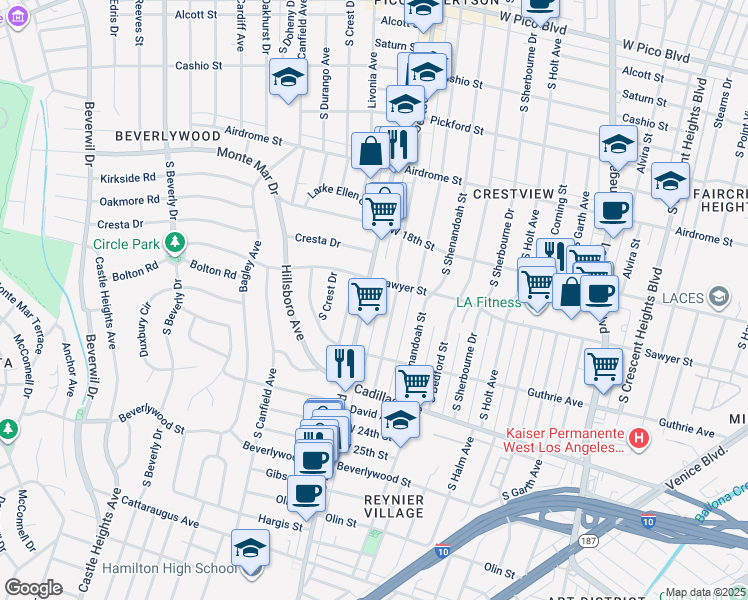 map of restaurants, bars, coffee shops, grocery stores, and more near 1911 Preuss Road in Los Angeles