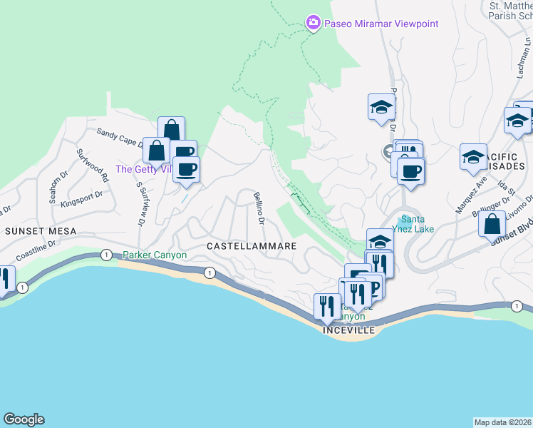 map of restaurants, bars, coffee shops, grocery stores, and more near 286 Quadro Vecchio Drive in Los Angeles