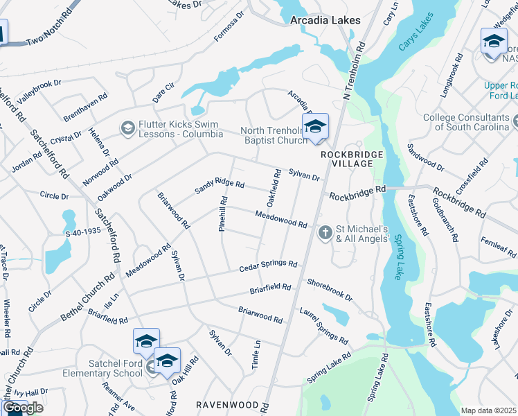 map of restaurants, bars, coffee shops, grocery stores, and more near 4505 Meadowood Road in Columbia