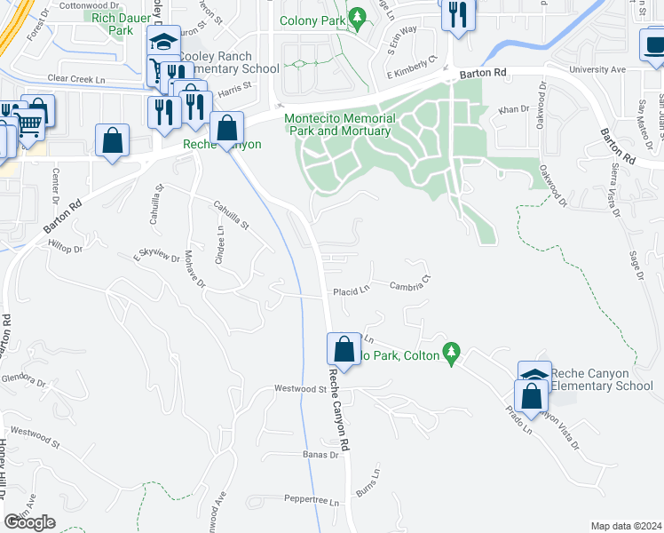 map of restaurants, bars, coffee shops, grocery stores, and more near 11553 Reche Canyon Road in Colton