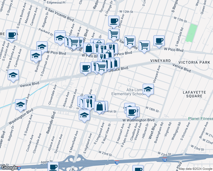 map of restaurants, bars, coffee shops, grocery stores, and more near Saint Elmo Drive in Los Angeles