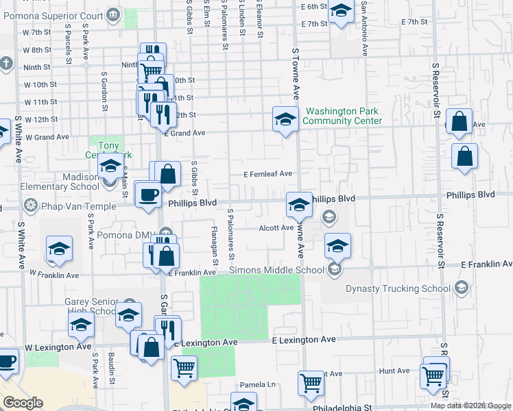 map of restaurants, bars, coffee shops, grocery stores, and more near 586 East Phillips Boulevard in Pomona