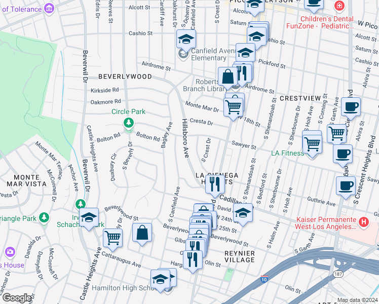 map of restaurants, bars, coffee shops, grocery stores, and more near 2036 Hillsboro Avenue in Los Angeles