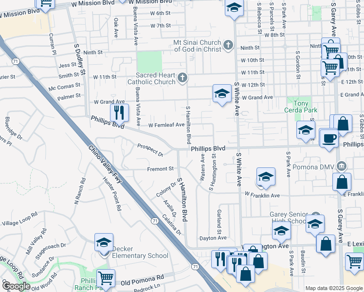 map of restaurants, bars, coffee shops, grocery stores, and more near 1123 West Phillips Boulevard in Pomona