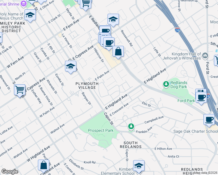 map of restaurants, bars, coffee shops, grocery stores, and more near 218 Phlox Avenue in Redlands