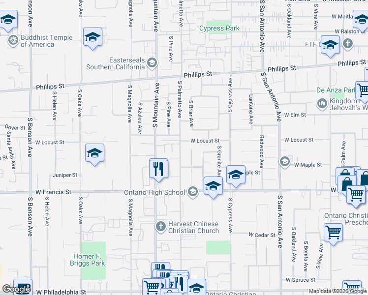 map of restaurants, bars, coffee shops, grocery stores, and more near 1625 South Palmetto Avenue in Ontario