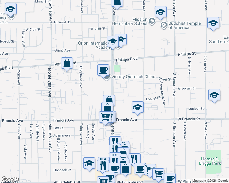 map of restaurants, bars, coffee shops, grocery stores, and more near 5310 Malibu Way in Chino